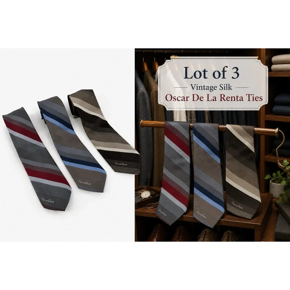 Oscar De La Renta Silk Tie Lot of 3 Striped Brown Red Blue 56